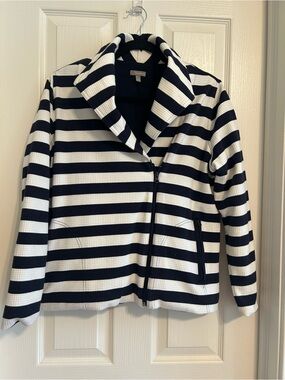 Talbots Navy and White Striped Zip-Front Moto Style Jacket